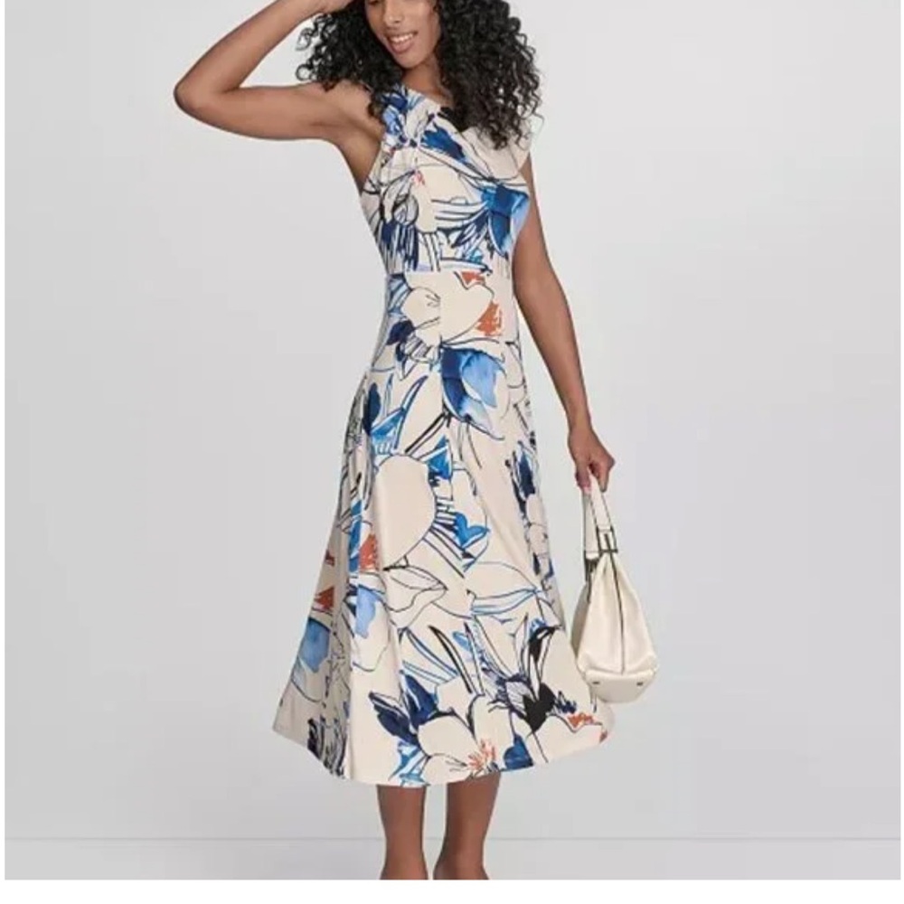 Floral A-Line Midi Dress - Blue/White